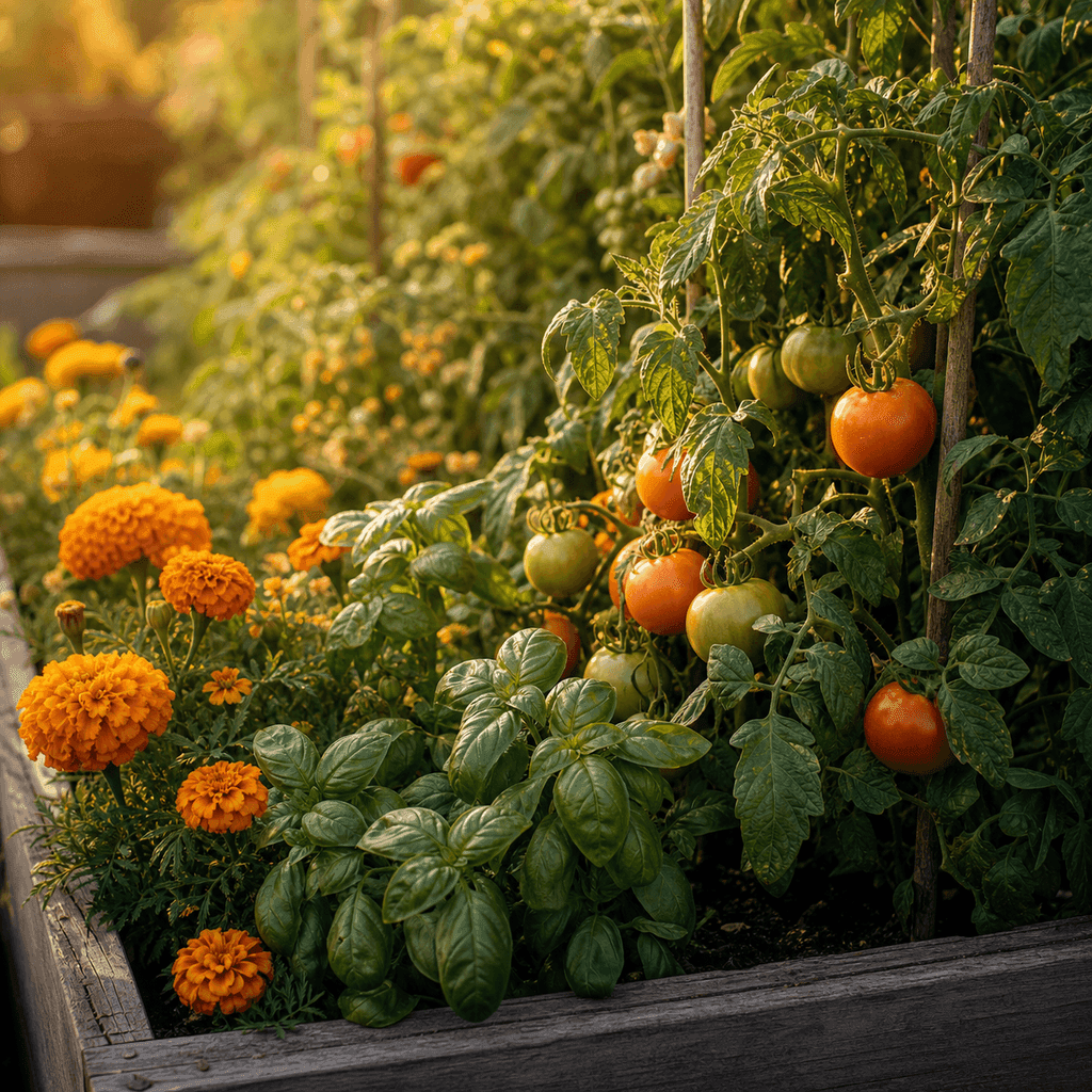 A thriving vegetable bed with tomatoes, basil, and marigolds growing together in warm golden afternoon light