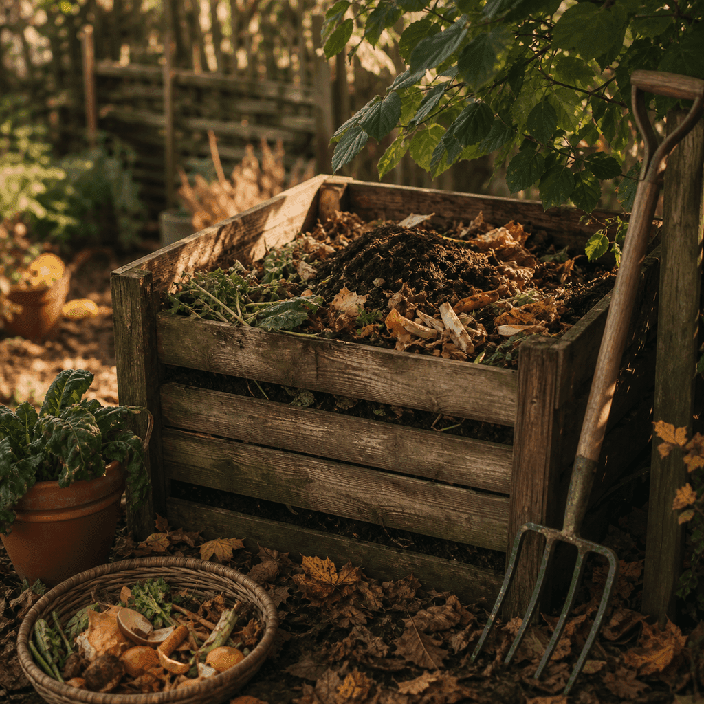 A gardener turning a dark, crumbly compost pile with a pitchfork in a backyard bin on a bright spring morning