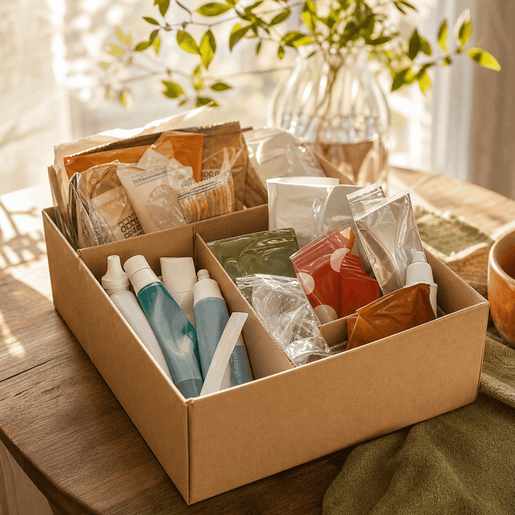 A bright, tidy collection box of toothpaste tubes and snack wrappers sorted on a wooden table in natural light