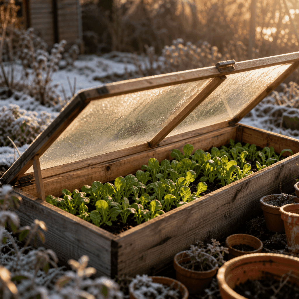 A wooden cold frame with a glass lid protecting green seedlings in a winter garden with gentle low sunlight