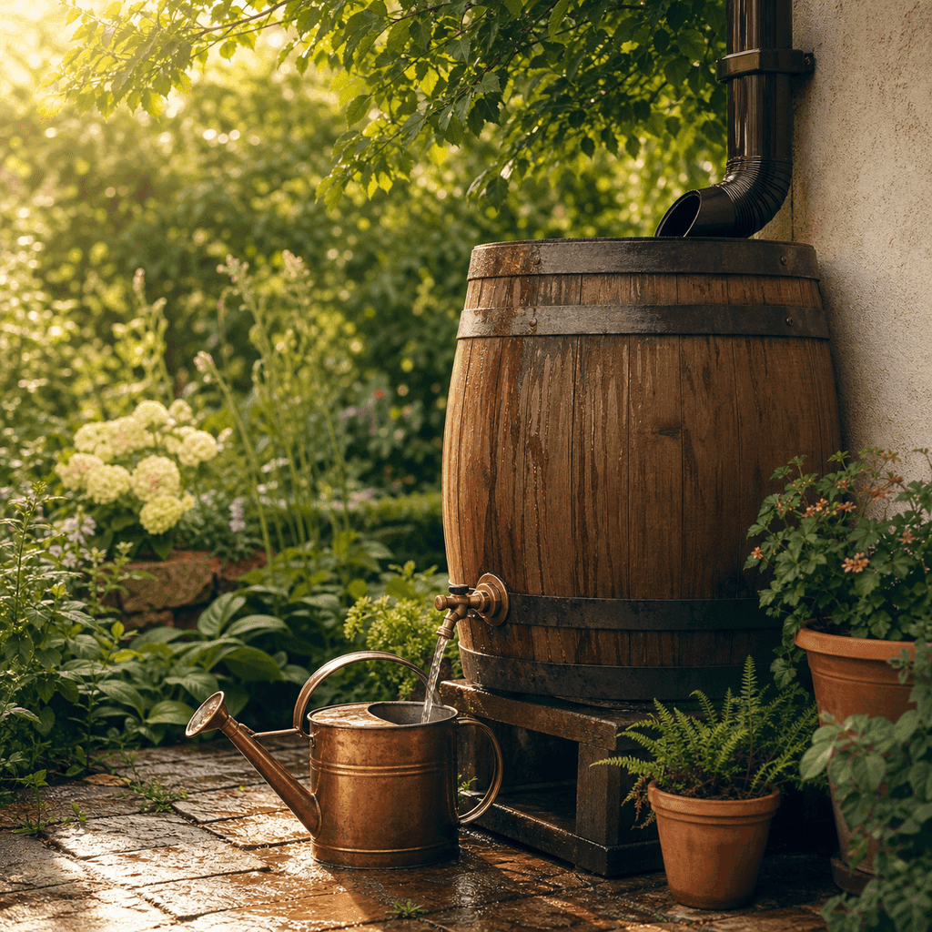 A rain barrel connected to a downspout beside a leafy garden with a watering can filling in soft morning light