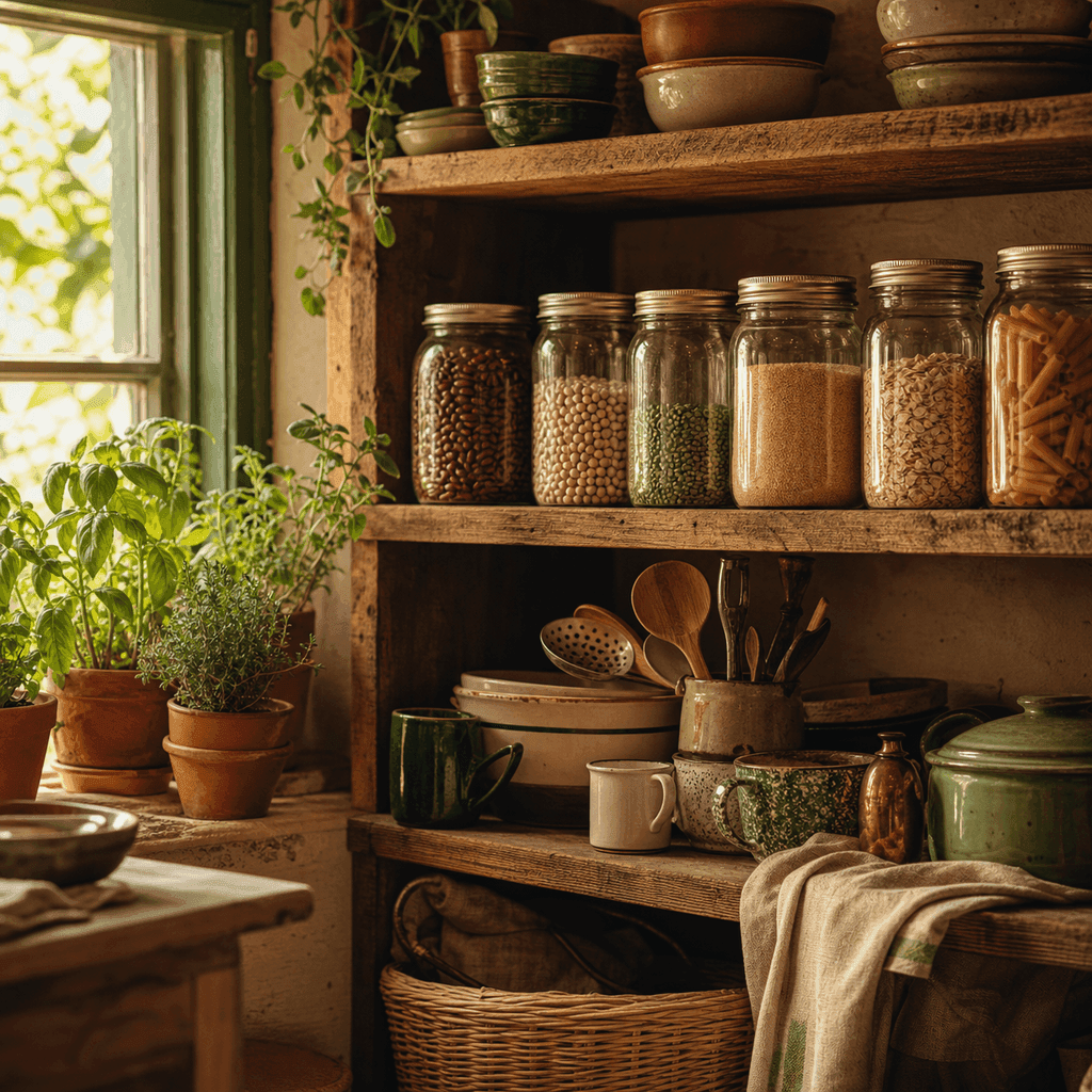 A simple pantry of jarred staples and homegrown herbs on a sunny windowsill with warm, frugal charm