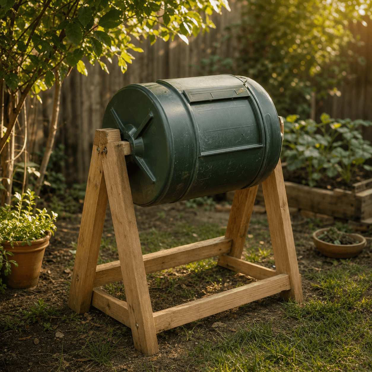 A homemade compost tumbler made from a repurposed plastic trash can mounted on a wooden frame in a sunny backyard