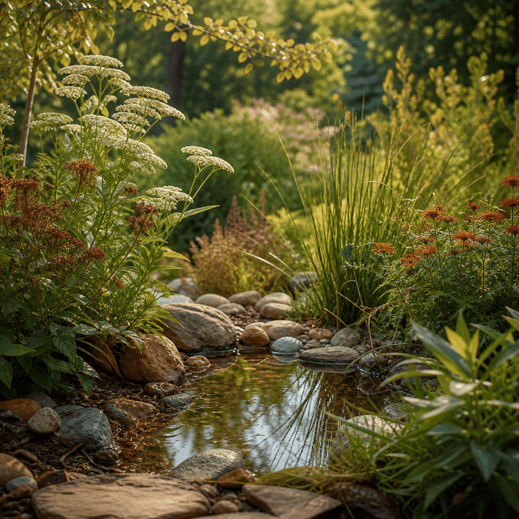 A lush rain garden with native flowering plants in a shallow basin edged with stones and mulch, catching morning light