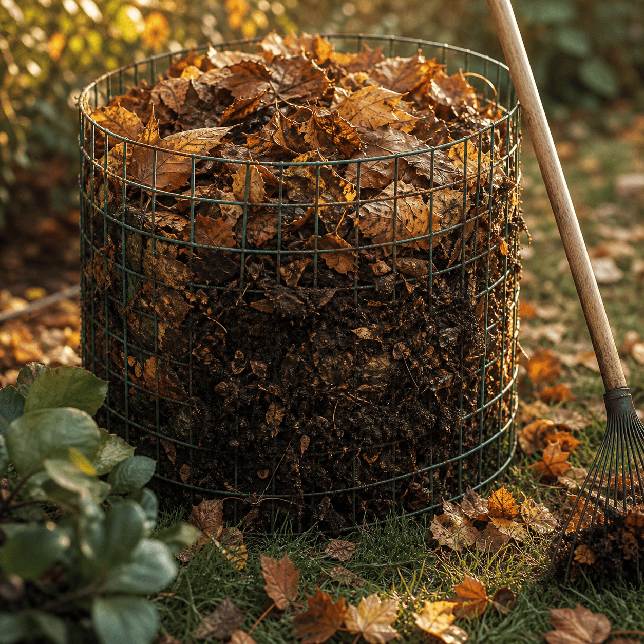 A wire bin full of decomposing autumn leaves turning into crumbly dark leaf mold with a rake and fallen leaves nearby in soft light