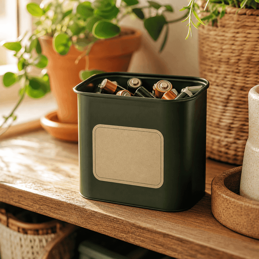 A small labeled container collecting used household batteries for recycling on a shelf in soft daylight