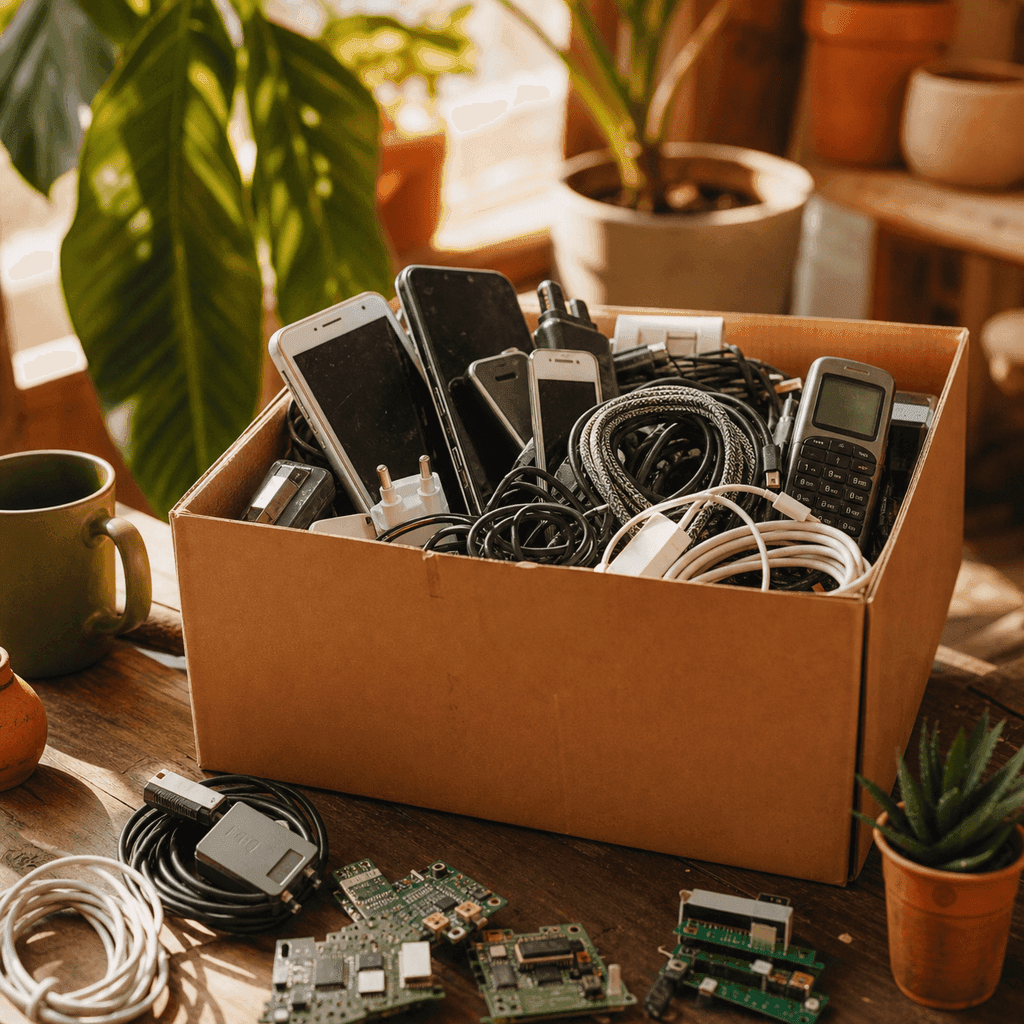 A neat box of old phones, cables, and small electronics ready for responsible e-waste recycling on a wooden table in daylight