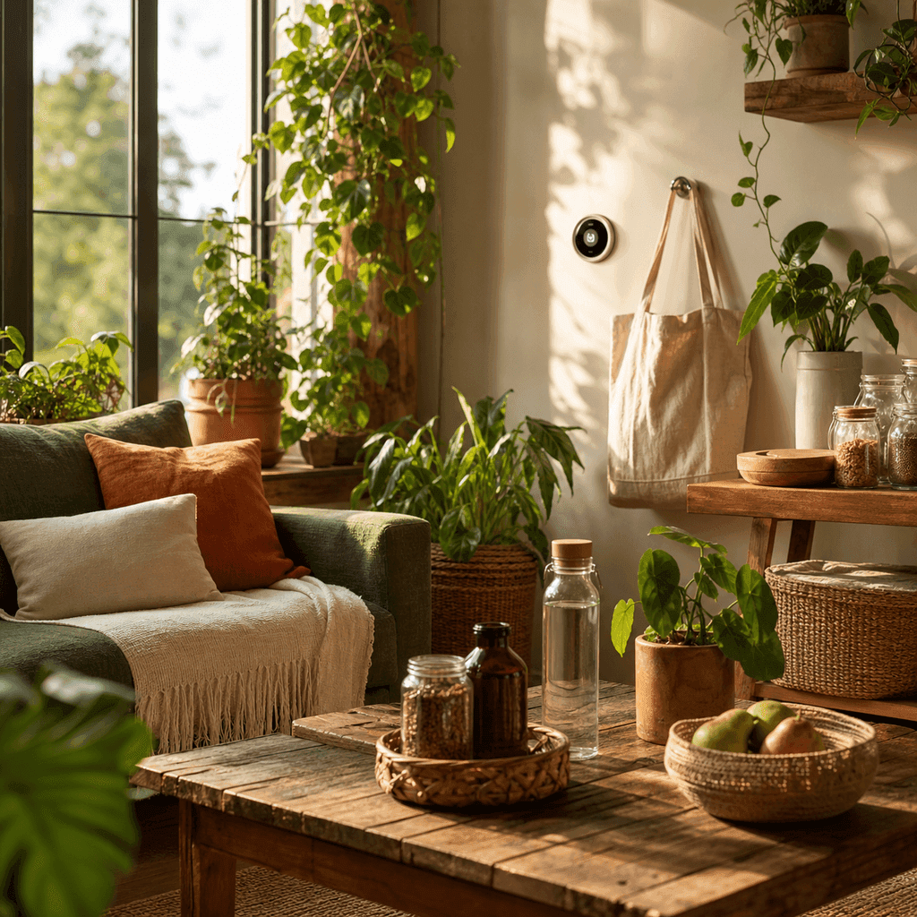 A cozy sunlit living room with houseplants, a smart thermostat, and reusable goods on a wooden shelf