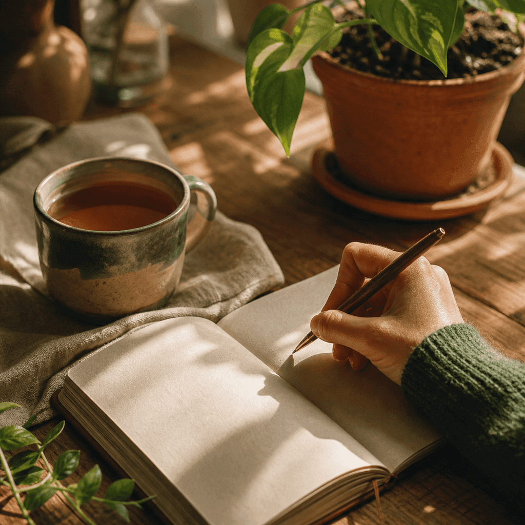 A hand writing eco habits in a journal beside a cup of tea and a small potted plant in calm morning light