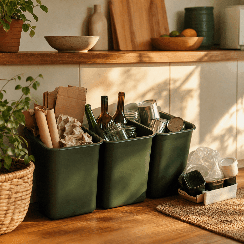 A home recycling bin with neatly sorted paper, glass, and metal, a few rejected items set aside, in warm kitchen light