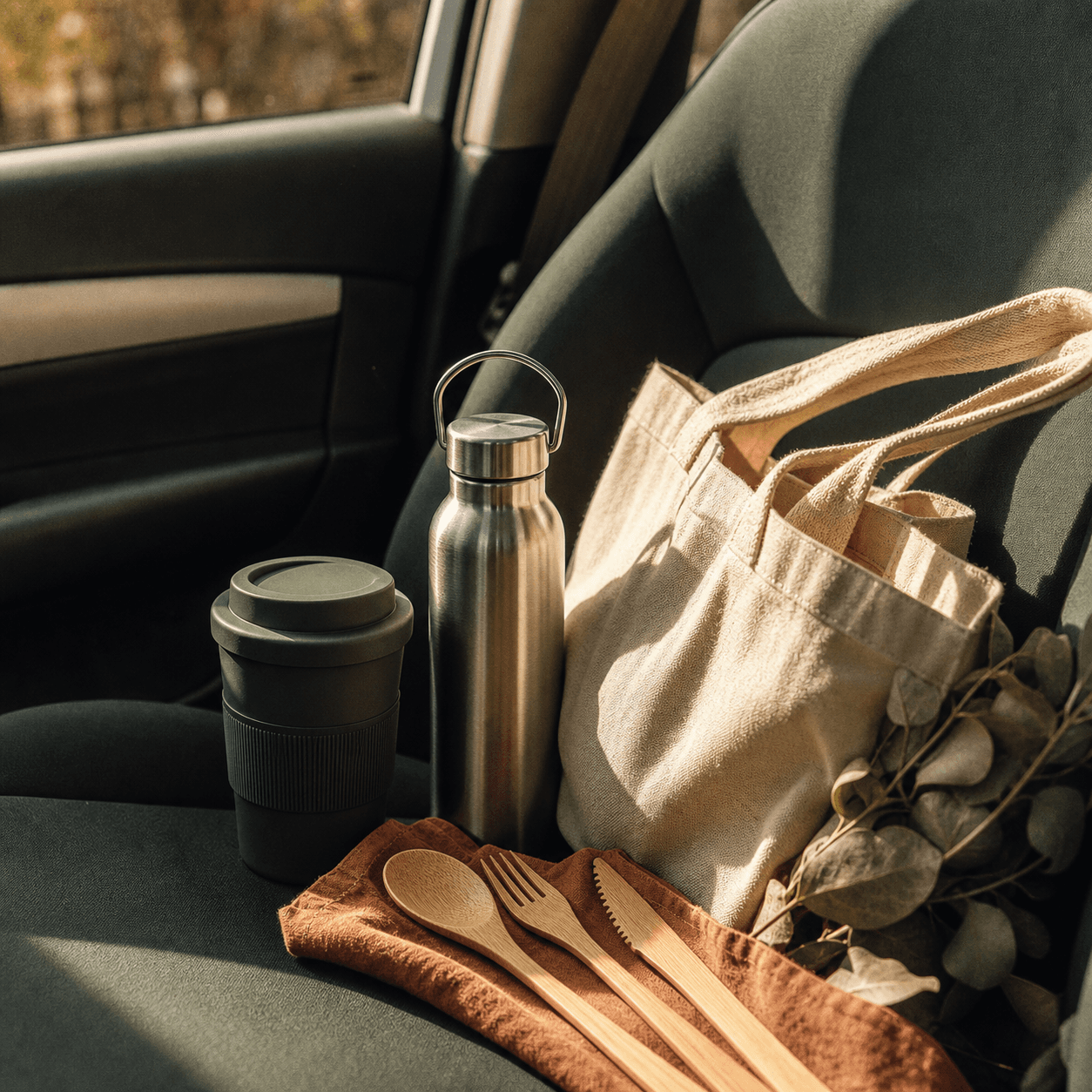 A reusable coffee cup, stainless bottle, cloth tote, and bamboo cutlery on a car seat in warm morning light