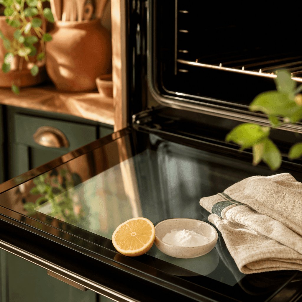 A bowl of baking soda paste, a halved lemon, and a cloth beside a gleaming oven door in soft daylight