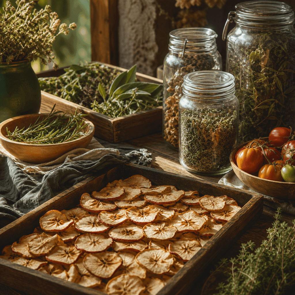 Trays of dried apple slices, herbs, and tomatoes on a wooden table beside glass storage jars in warm natural light
