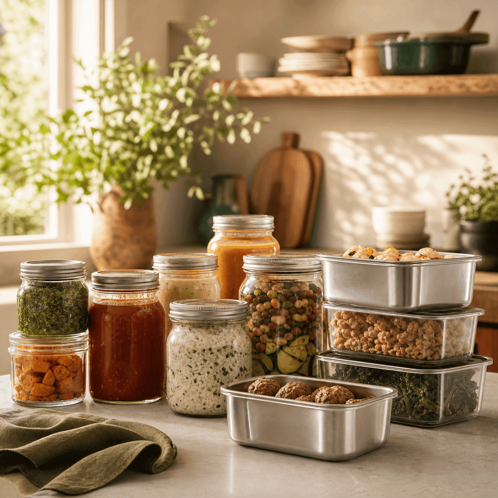 Glass jars and stainless containers of prepped food ready for the freezer on a bright kitchen counter