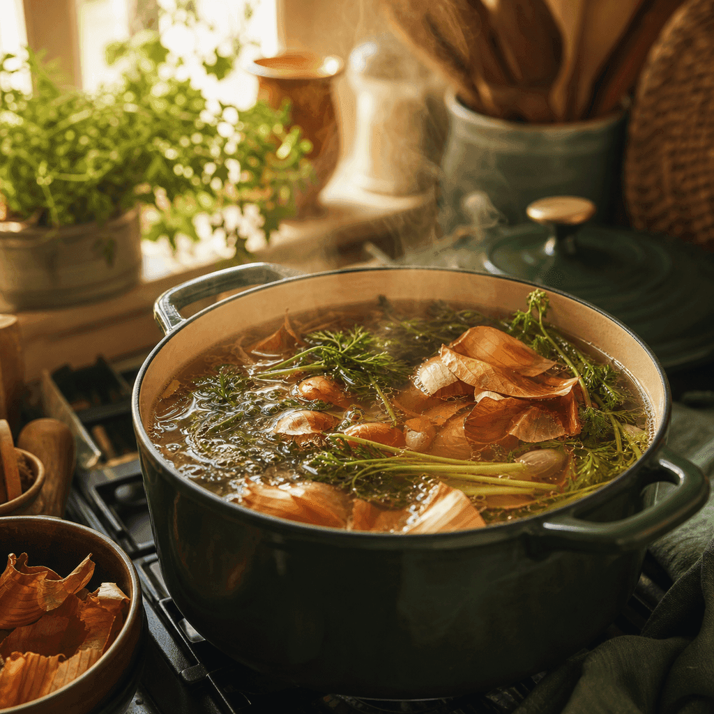 A golden pot of vegetable scrap broth simmering with carrot tops and onion skins, steam rising in a sunlit kitchen