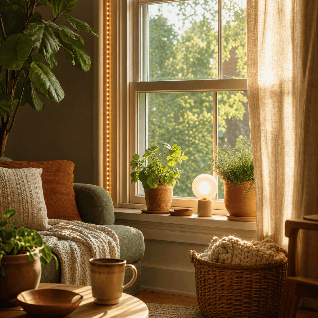 A sunlit window with a cozy, energy-efficient interior and warm LED lighting in natural tones