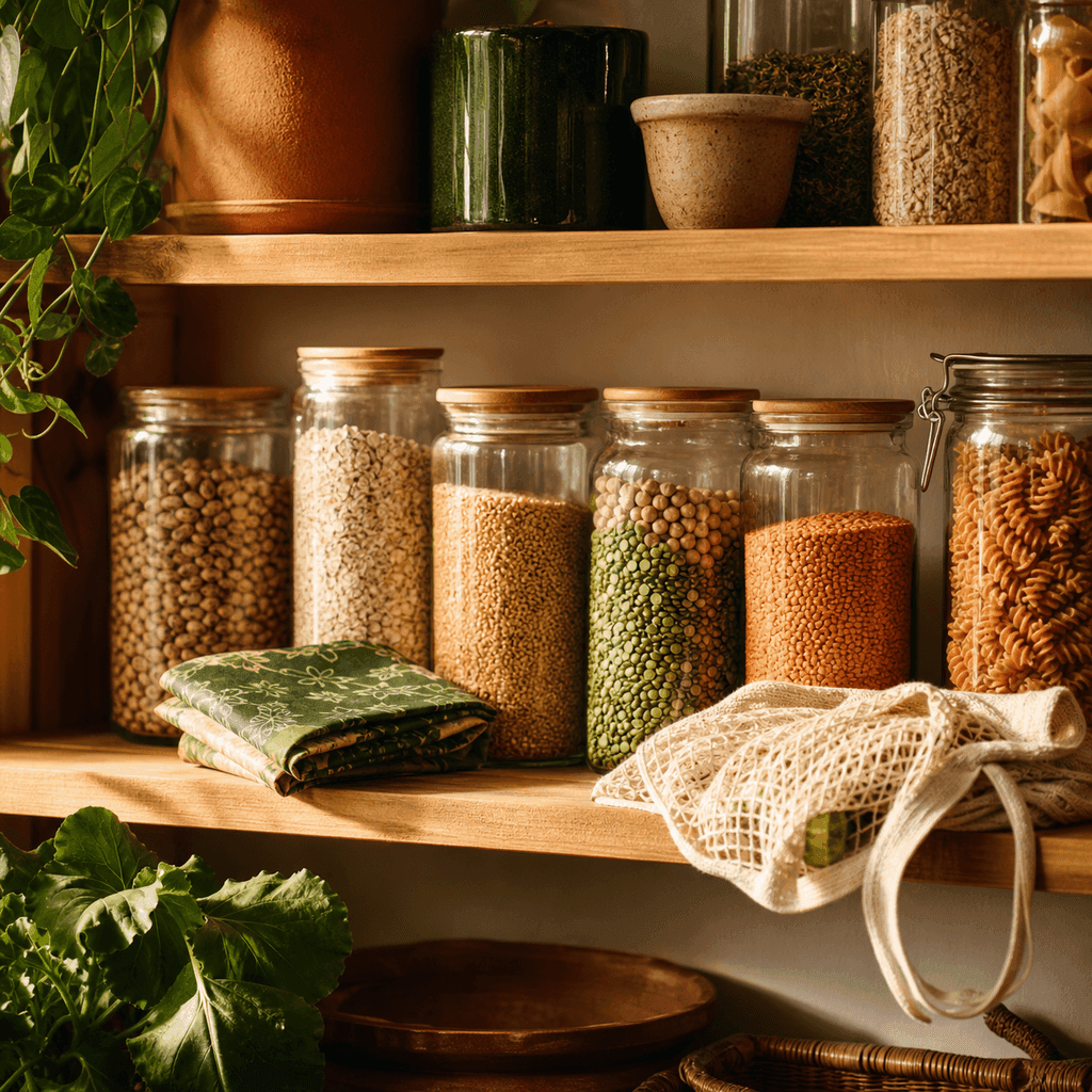 A tidy kitchen shelf holding a few well-used wooden spoons, a chef's knife, and a cast iron pan in soft daylight