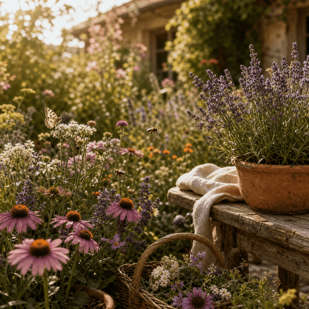 A small backyard corner in spring with wildflowers, a shallow water dish, and a bee on a purple bloom in warm light