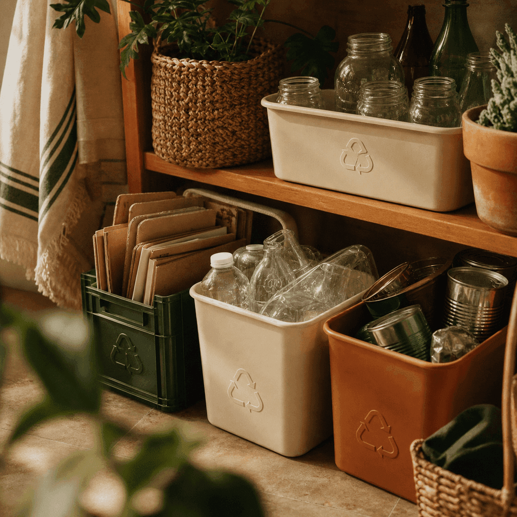 Sorted jars and containers on a counter with visible resin code numbers at a tidy home recycling station in natural light