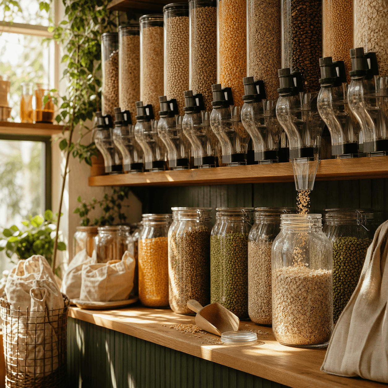 A sunlit bulk refill store with gravity bins of grains and glass jars being filled with a wooden scoop