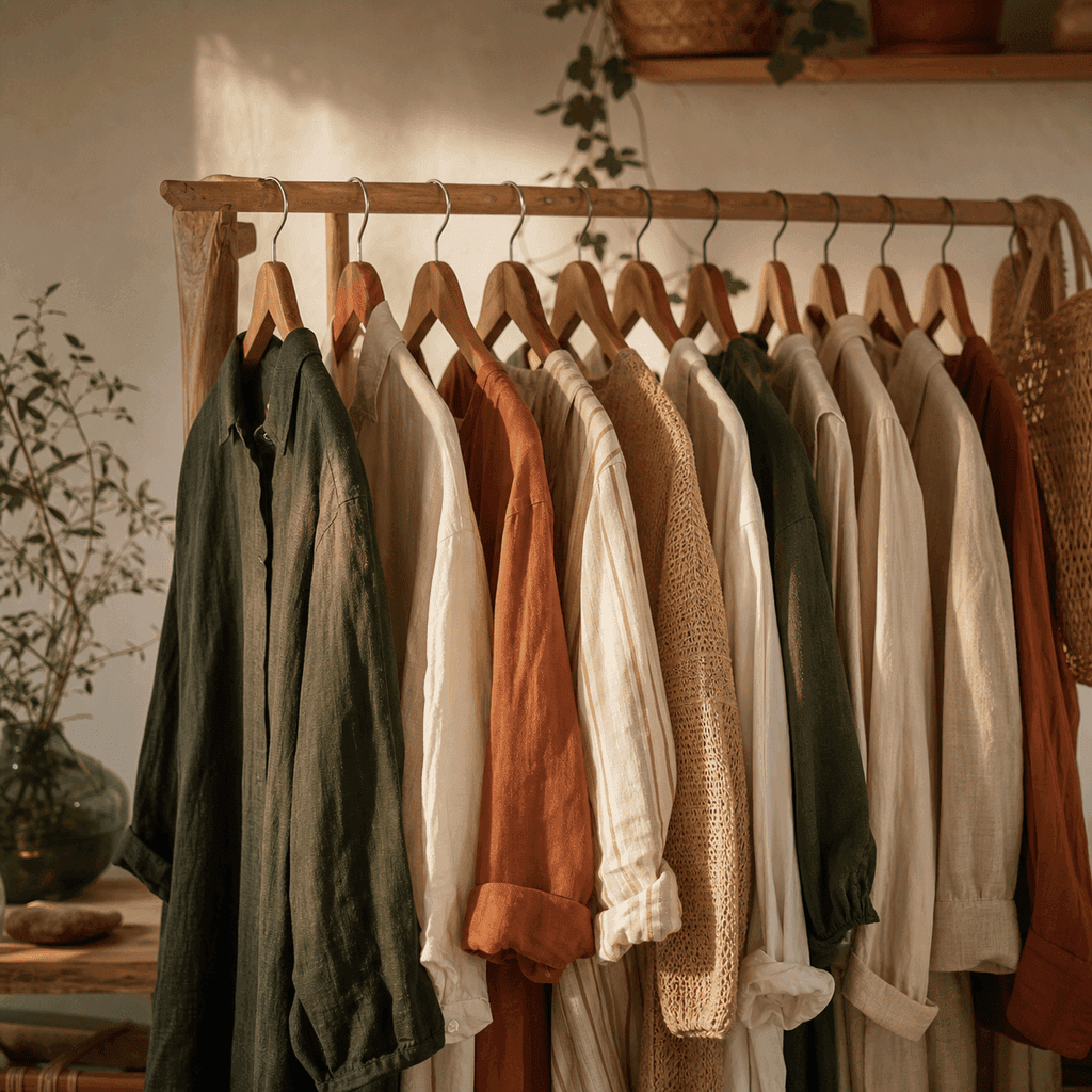 A capsule wardrobe of natural-fiber clothing on wooden hangers in soft, warm natural light