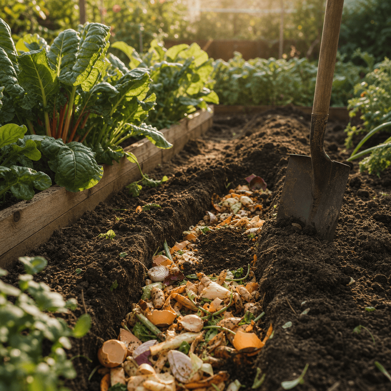 A garden trench being filled with food scraps and covered with dark soil, a spade standing in the earth beside a vegetable bed in warm light