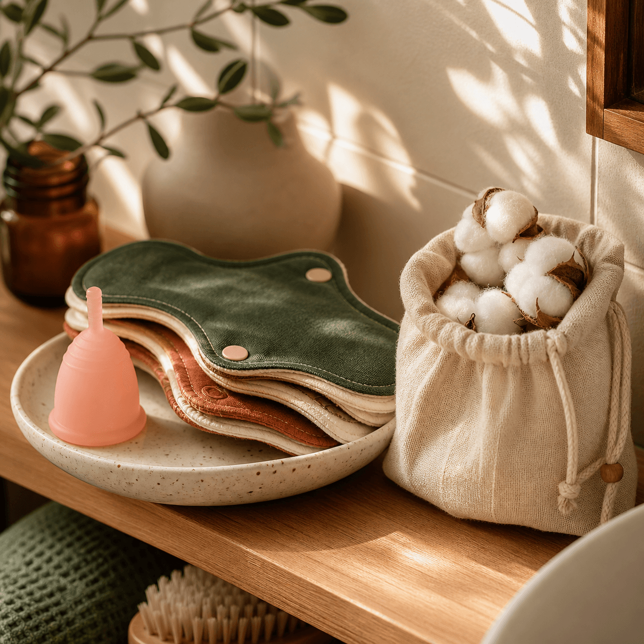 A calm bathroom shelf holding a menstrual cup, folded cloth pads, and organic cotton in a linen pouch, lit by soft daylight