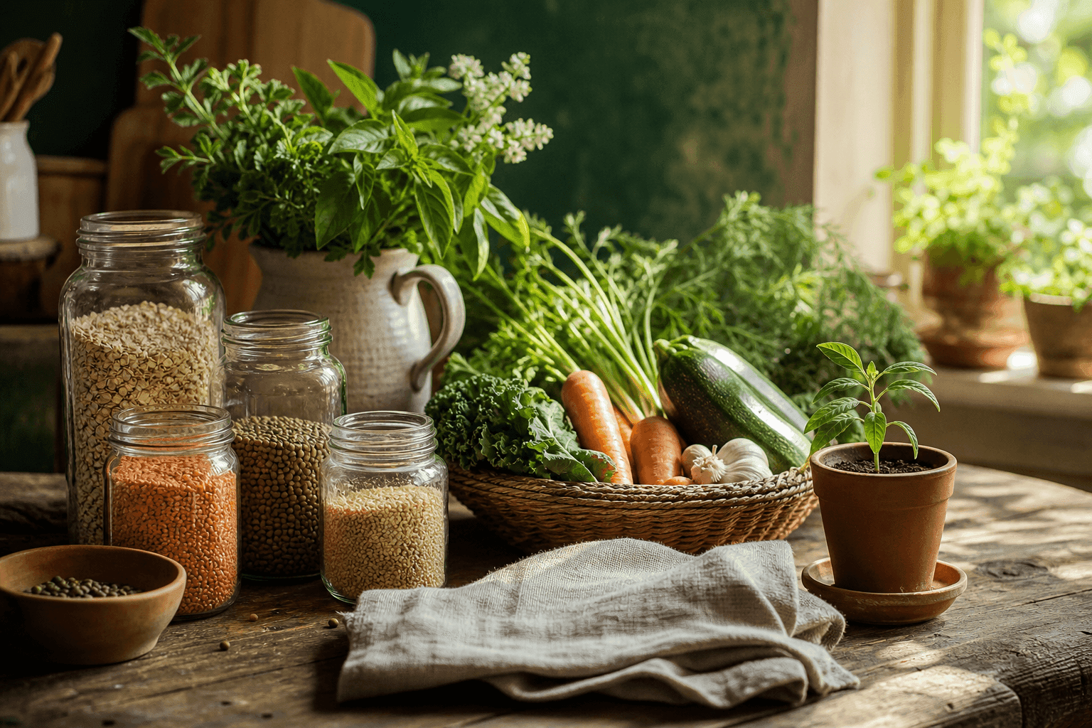 A sunlit kitchen table with glass jars of grains, fresh herbs, and a basket of vegetables