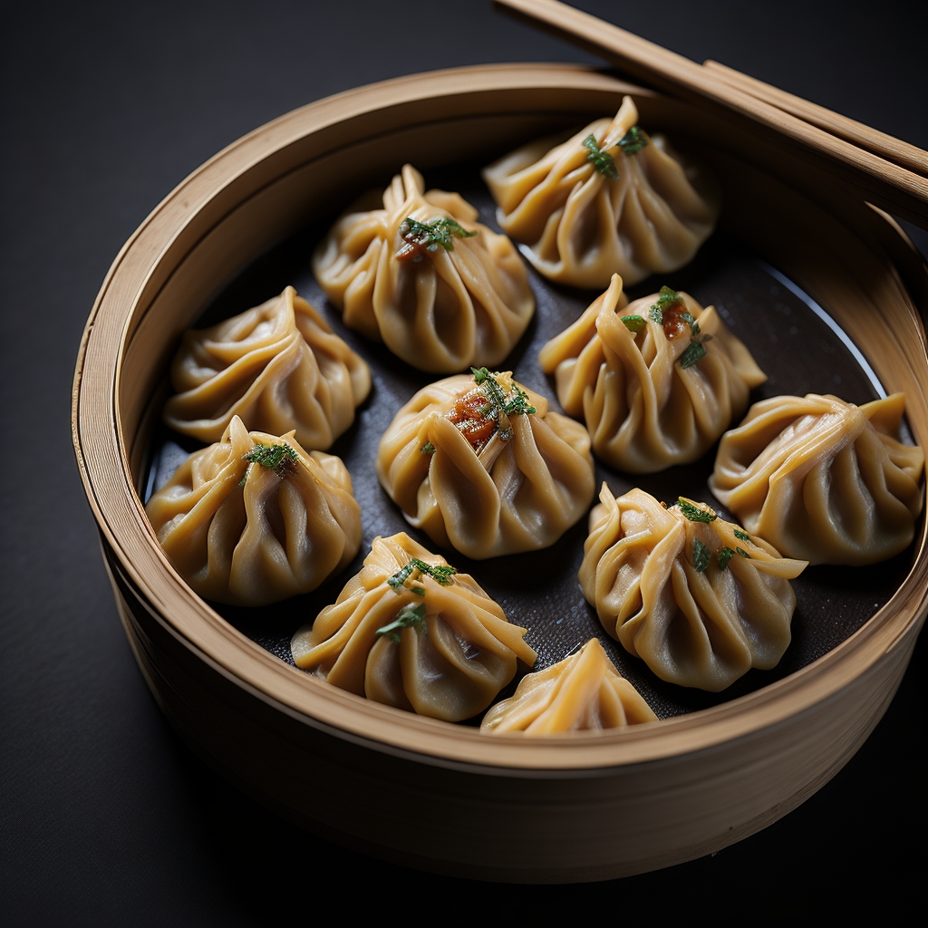 Leonardo Diffusion hot and tasty chinese dumplings in bamboo s 0