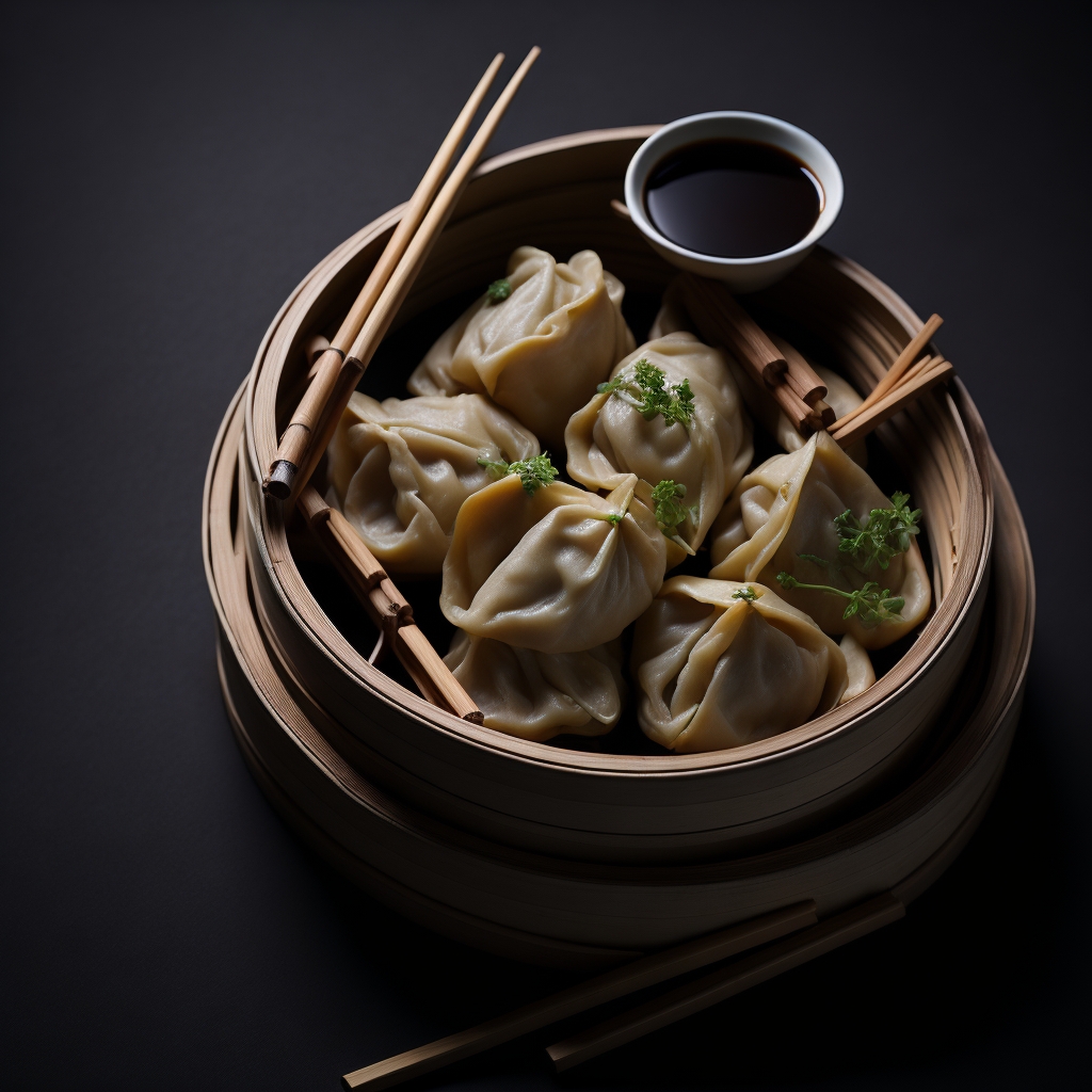Leonardo Diffusion plate of dumplings or dim sum with a bowl o 0