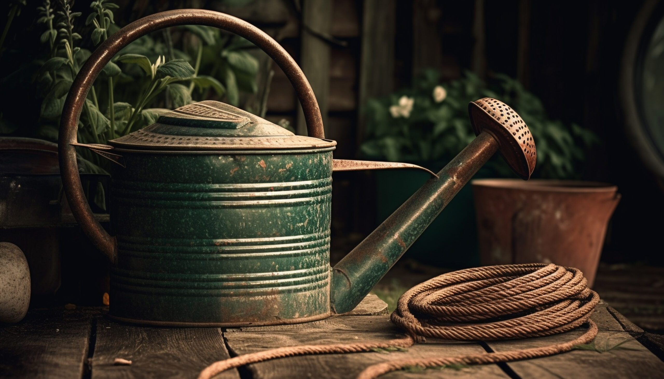rustic steel watering can gardening outdoors generated by ai scaled