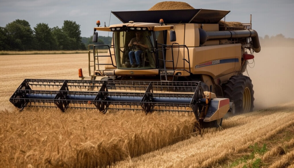 Does Conventional Farming Require Skill? 4 golden combine harvesters work wheat fields cutting generated by ai