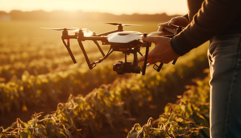 Does Conventional Farming Require Skill? 5 men piloting drone capture aerial farm image generated by ai 1