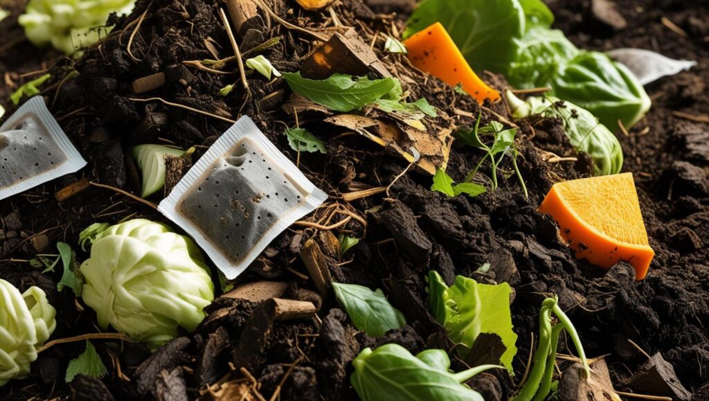 A pile of compost with tea bags fresh veggies and soil